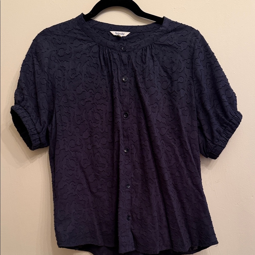 Splendid Navy Short-Sleeve Textured Button-Front Top